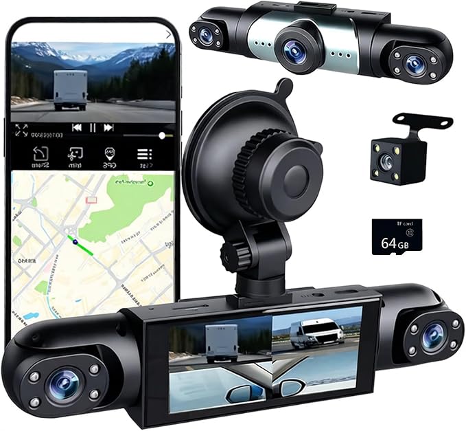 4 Channel Dash Cam 360° View, 1080P Front and Rear Inside, Left Right Dash Camera for Cars, Night Vision, WiFi & APP Control, G-Sensor, Loop Recording with 64GB SD Card (Y108WiFi+64G)