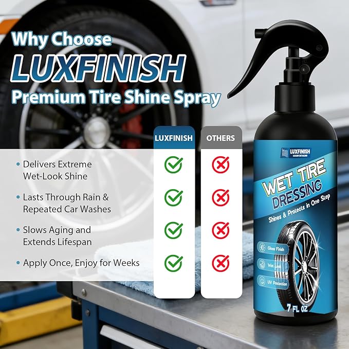 Tire Shine Spray – High Gloss Wet Look with UV Protection, Deep Black Finish for Tires & Trim, Long Lasting Car Tire Dressing for Cars Trucks SUVs Motorcycles RVs, 7oz