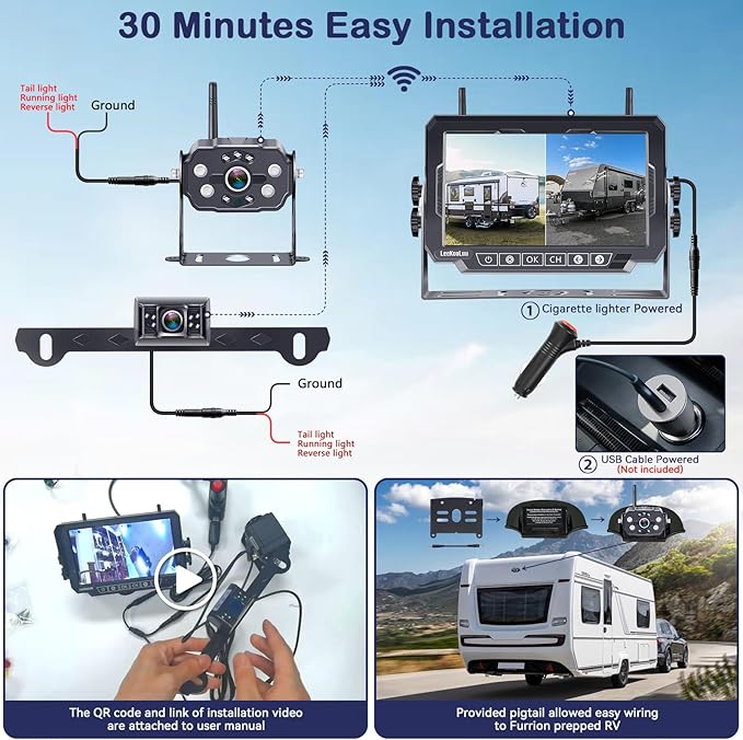HD 1080P 7 inch RV Wireless Backup Camera: Dual Camera 30-Min Easy Install Clear Night Vision 4 Channels Recording Touch Key Monitor Rear View Camera for Furrion Pre-Wired RVs Travel Trailers Camper