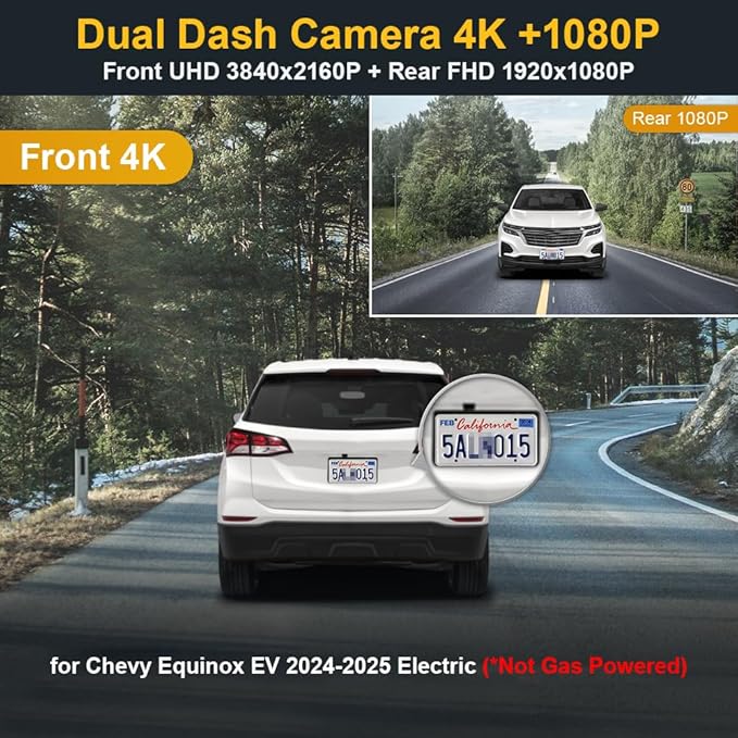 Fitcamx Front 4K+Rear 1080P Dash Cam Adapts for Chevy Equinox EV 2024 2025 (HD2-D2000), Not for Gas-Powered, OEM Look, Dual HD Video, Loop Recording, WiFi & APP, G-Sensor, Easy to Set, 128GB Card