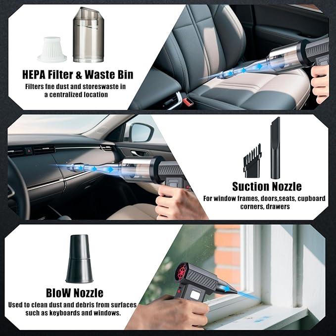 Compressed Air Duster and Car Vacuum Two-in-one，Household mini air blower gun，compressed air duster，Portable Handheld Car Vacuum Cleaner，Ideal for cleaning computers keyboards, outdoor cooling