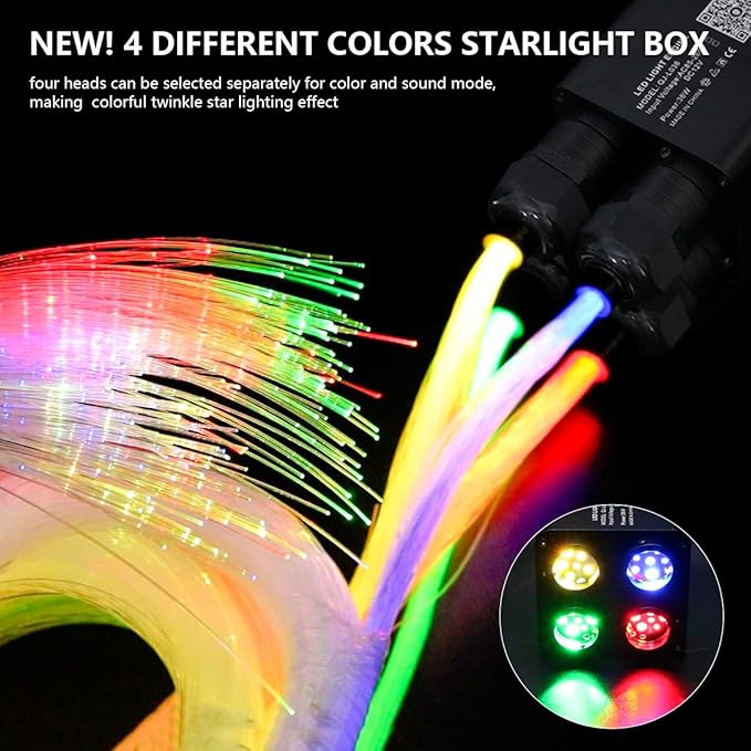 AMKI Updated 4Color Twinkle 36w Starlight Headliner Kits 1200pcs 0.03in 13.1ft Fiber Optic Light Cable 4 Ports Starlight Box App/Remote Control Sound Mode for Car Home Ceiling Decoration