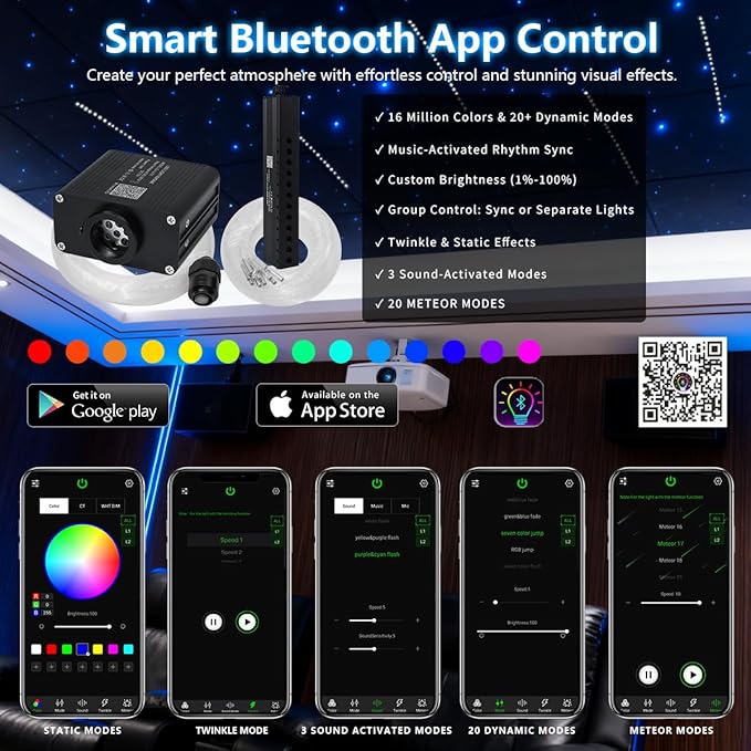 Starlight Headliner Kit 600 Piece Twinkle 0.03in(6.5ft/2m) with White Meteor Fiber Optic Light Kits Car Roof Lights RGBW Music Activated/APP Control Star Lights for Car Theater Game Bed Room Ceiling
