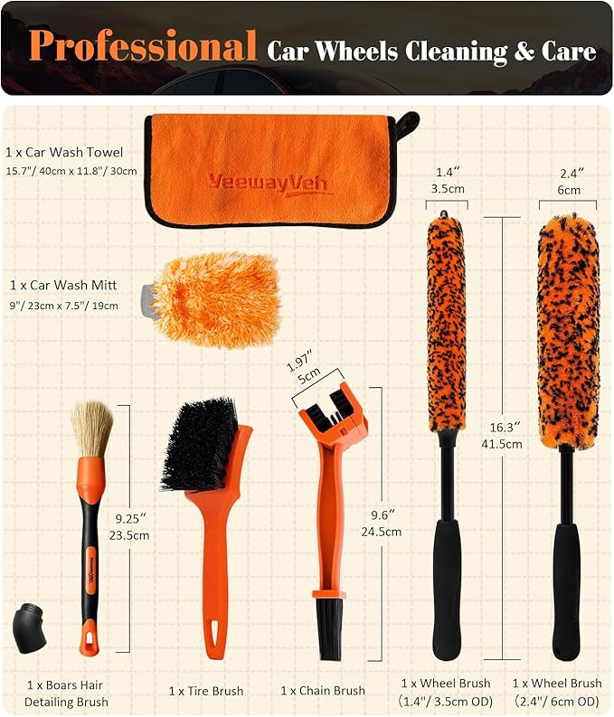 YeewayVeh 7PCS Motorcycle Cleaning Kit with 2-Size Bendable Wheel Brushes-Hard Reach Brush,Tire and Chain Brush, Boar Hair Detailing Brush, Wash Mitt & Microfiber Towel for Dirt Bike & Car Wheels