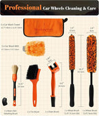YeewayVeh 7PCS Motorcycle Cleaning Kit with 2-Size Bendable Wheel Brushes-Hard Reach Brush,Tire and Chain Brush, Boar Hair Detailing Brush, Wash Mitt & Microfiber Towel for Dirt Bike & Car Wheels