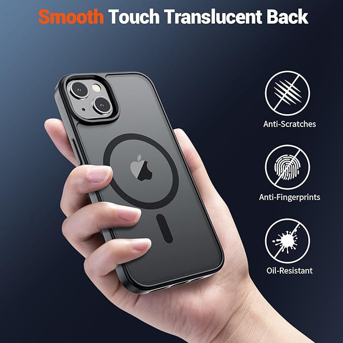 SUPFINE Magnetic for iPhone 15 Case (Compatible with MagSafe) (Military Grade Drop Protection) Translucent Matte Shockproof Phone Cover, Black