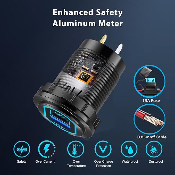 12 Volt USB C Outlet PD 100W Car USB Port for Laptop and QC3.0 18W Car Charger Socket Aluminum Alloy, Fast Charging Cigarette Lighter Replacement DIY Accessary for RV MarineTruck Boat Golf
