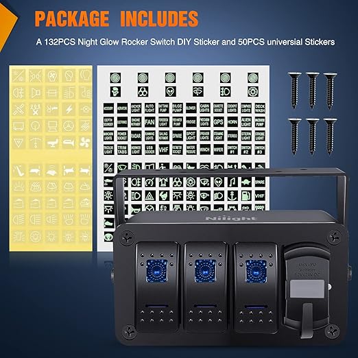 Nilight 3 Gang Rocker Switch Panel Blue Backlit with PD Type C and USB Charger Voltmeter Waterproof 12V 24V DC Rocker Switch with Night Glow Stickers for Car Trucks Boats RVs,2 Years Warranty,Blue/Box