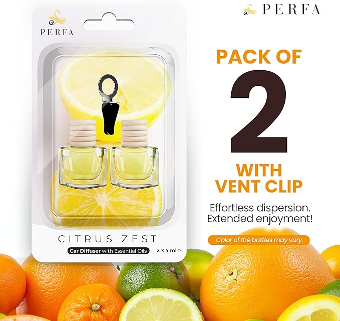 Citrus Lemon Car Air Freshener | Hanging Car Freshener with Vent Clip | Long Lasting Diffuser, Slow-Release Aroma Technology, Adjustable Scent Intensity | Premium Scented Interior Perfume by Perfa