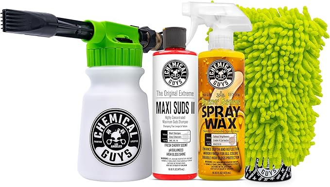 Chemical Guys TORQ Foam Blaster Wash & Wax Kit with Wash Mitt, Maxi Suds II Car Wash Soap, Blazin' Banana Sprayable Car Wax, and Chenille Premium Wash Mitt (4 Items, 32 Fl oz)