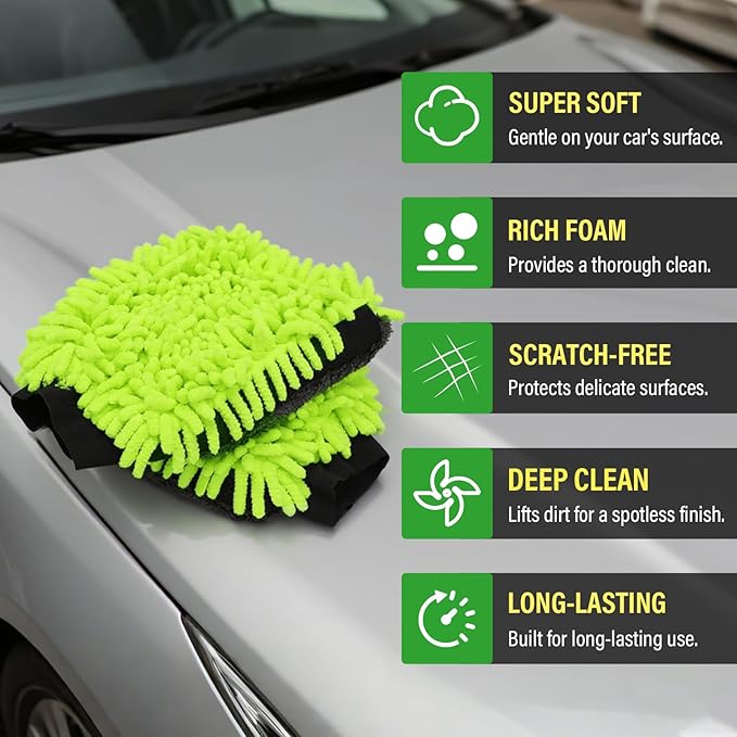 2 Pack Car Wash Mitt Microfiber & Car Wash Sponge,Non Scratch Microfiber Mitt and Sponges for Car Washing Supplies,Trucks and Motorcycles
