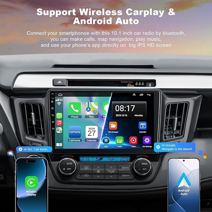 4GB+64GB Android 13 Car Radio for Toyota RAV4 2013-2018, 10.2 Inch Touch Screen Support Wireless CarPlay & Android Auto, Bluetooth 5.2 & Voice Control,GPS & WiFi, Backup Camera Car Stereo