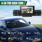 4 Channel Dash Cam,360° All-Around View Front Rear Left Right Inside Car Camera,3" IPS Screen,4-Way Dash Cam with 24H Parking Mode,Built-in GPS,8 IR Night Vision,G-Sensor,Free TF Card Included