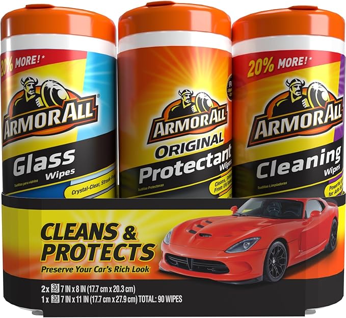 Car Wipes Multi-Pack by Armor All, Cleans Vehicle Interior and Exterior, Includes Armor All Protectant Wipes, Glass Wipes, and Cleaning Wipes, 3-Pack, 30 Car Wipes Each