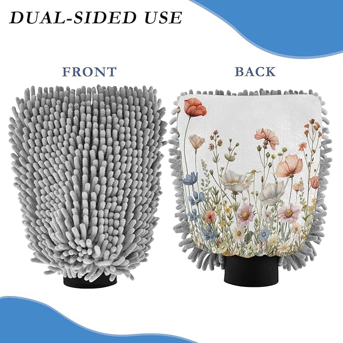YETTASBIN Spring Wildflower 2PCS Car Wash Mitts, Ultra Absorbent Chenille Microfiber Car Washing Gloves, Scratch-Free Lint-Free Auto Cleaning Mitt, Machine Washable Elastic Cuff Car Wash Sponge