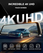 YKT 4K Mirror Dash Cam, Rear View Mirror Camera for Car with 2K Camera and 64GB Card, 10' Touch Screen Front and Rear Dashcam WiFi GPS, Night Vision, G-Sensor, Reverse Assist, 24H Parking Mode