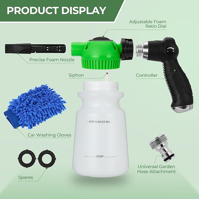 Elechomes Car Wash Foam Gun, Car Wash Soap Sprayer with Car Washing Mitts Quick Connect to Most Garden Hose (Green)