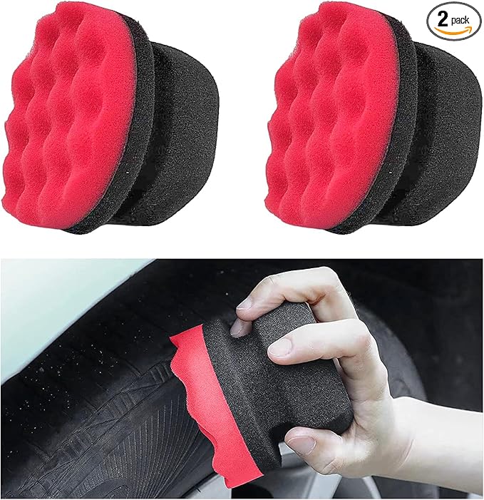 Wevdn 2PCS Tire Shine Applicator, Durable & Reusable Hex Grip Tire Dressing Sponge Foam Detailing Pad, Washable Round Shape Wheel Tire Shine Car Cleaning Sponge, Car Accessories (Red-Large)
