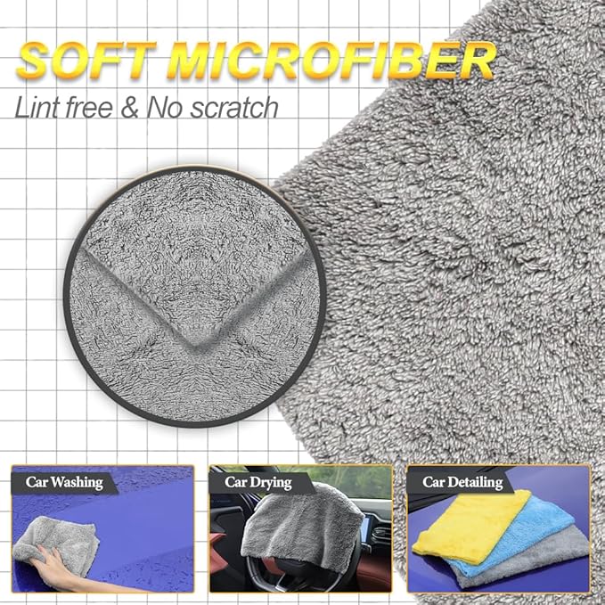Microfiber Car Wash Cleaning Towels, 450gsm Ultra-Thick Highly Absorbent Lint-Free Detailing Cloths, Scratch Free Reusable Rags for Car Interior & Exterior - Coral Fleece, Grey, 12 Packs