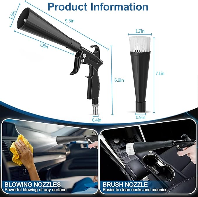 Detailing Car Cleaning Gun Interior Dryer Air Blow Gun, High Pressure Blower Gun with 5 Pcs Brushes for Auto Carpet Seats Dashboard Console Cleaning