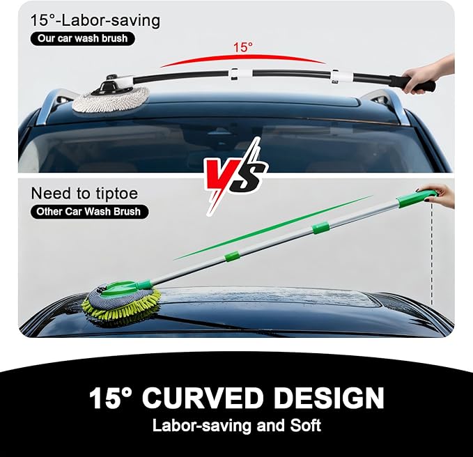 15° Curved Car Wash Brush with 43" Telescopic Handle – Microfiber Chenille Car Wash Mop for RV, SUV, Truck & Boat – Soft, Scratch-Free Extendable Cleaning Tool (White&Black)