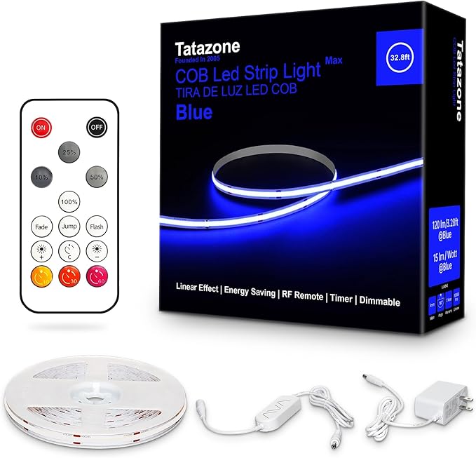 Tatazone 32.8ft Blue COB Led Strip Lights with RF Remote, Dimmable Bright Adhesive Indoor Led COB Light Strip for Cabinet, Paintings, Room, Bed
