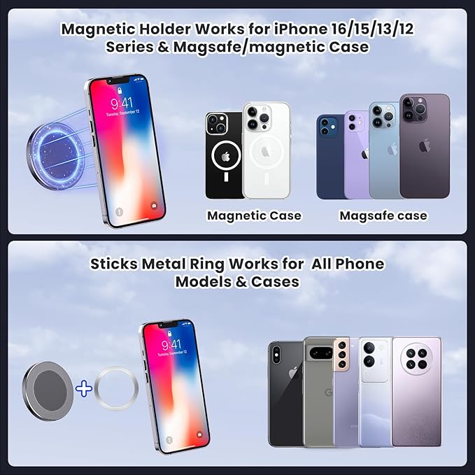 Stainless Steel Phone Mount for 2013-2018 Ram 1500/2500/3500 &2019+ Classic, Magnetic & Clamp Dual Heads, All-Metal Shakeproof OEM Screw Hole Dash Mount Install Super Stable