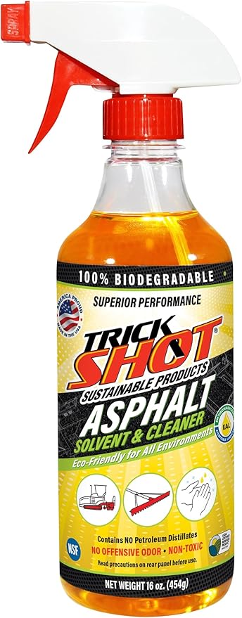 Trick Shot Asphalt Solvent and Cleaner - USDA Biobased Industrial Degreaser for Paving Equipment & Tools, Heavy Duty Formula, Food Grade Tar Remover & Bitumen Remover, Made in USA - 16 Fl Oz 6-Pack