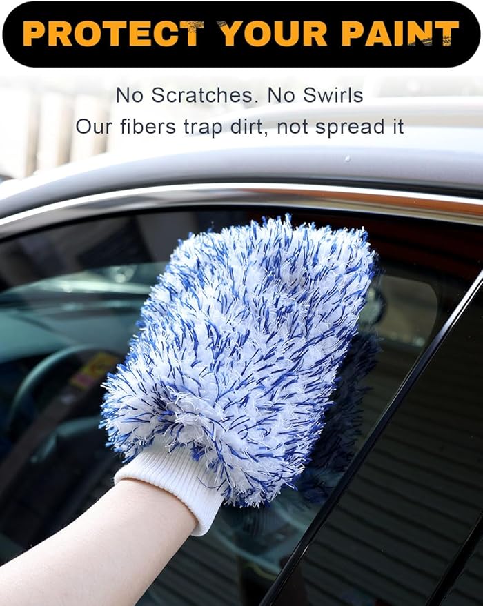 Microfiber Car Wash Mitts, 2Pack Premium Scratch-Free Car Wash Gloves with Thick Elastic Cuff for Auto Detailing, Cars, Trucks, SUVs, Boats (Blue & Red)