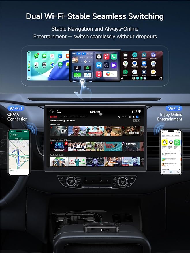 Magic AI Box, Wireless CarPlay/Android Auto Adapter, Car Video Box Supports for Netflix/YouTube/TikTok/TF Card, DriveChat AI Smart Box with GPS/Dual Bluetooth (Glossy Black Panel)