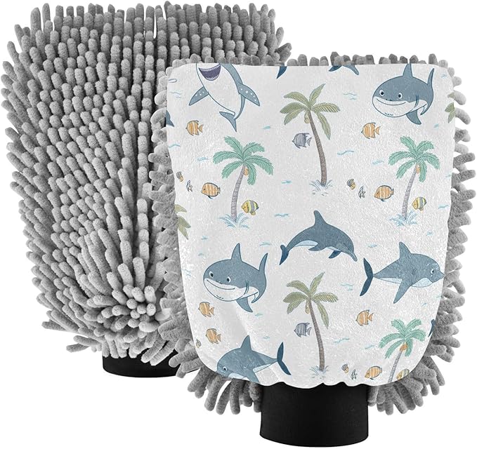 Qilmy Shark Pattern Microfiber Chenille Car Wash Sponge Scratch Free Car Wash Mitt Absorbent Mitt Sponge for Trucks SUVs Car Washing Home Cleaning, Medium