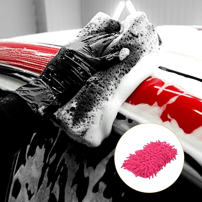 HARFINGTON 2pcs Car Wash Sponge 8.7" x 4.3" Chenille Microfiber Mitt Scratch-Free Absorbent Scour Scrubber Cleaning Sponge for Washing Detailing on Cars, Trucks, SUV, Boats, RVs, Pink