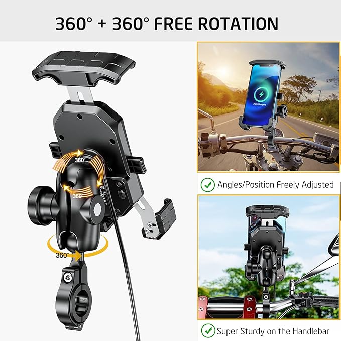 iMESTOU Anti-Theft Motorcycle Wireless Phone Mount Charger 15W & USB C 3A Handlebar 1" Ball Phone Holder Works with 12V/24V Vehicle/USB A Socket 720 Rotation Quick Charge for 4.0-7.0" Cellphones