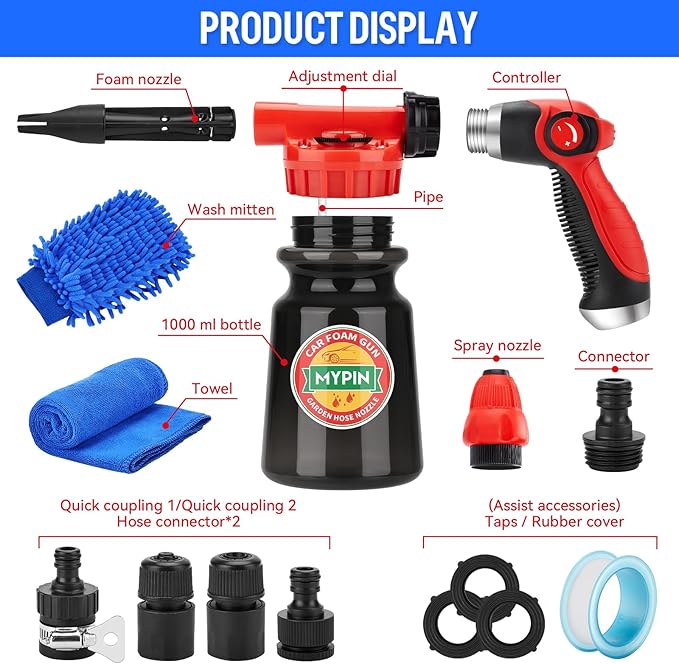 Updated 16 IN 1 Car Wash Foam Gun, Foam Cannon,Adjustable Hose Wash Sprayer with 2.5 to 6 Bars Foam Blaster,Suitable for Car Cleaning and Garden Use with 1/2” Quick Connector(Black)