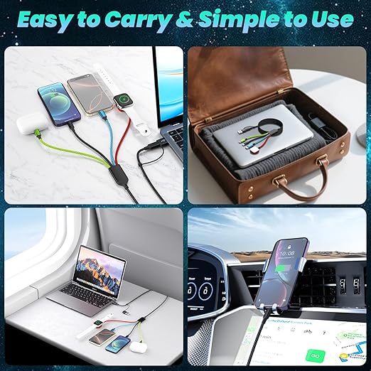 Travel Essentials 4-in-2 Multi Charging Cable with iWatch Charger, 2Pack 5FT Nylon Charging Cords, USB C/USB A Phone Charger Cord for iPhone 17-5, iPad, Galaxy S25-S21, Cruise/Car/Home Use