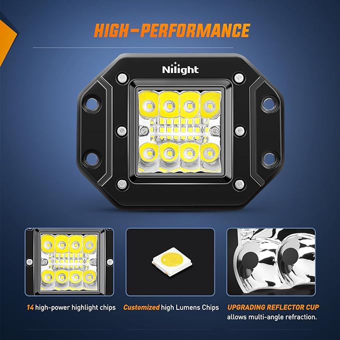 Nilight 2PCS 42W LED Flush Mount Light Pods Upgraded Spot Flood Combo Beam 12V 5Pin Rocker Switch Wiring Harness Kit-2 Leads, 2 Years Warranty (ZH044)