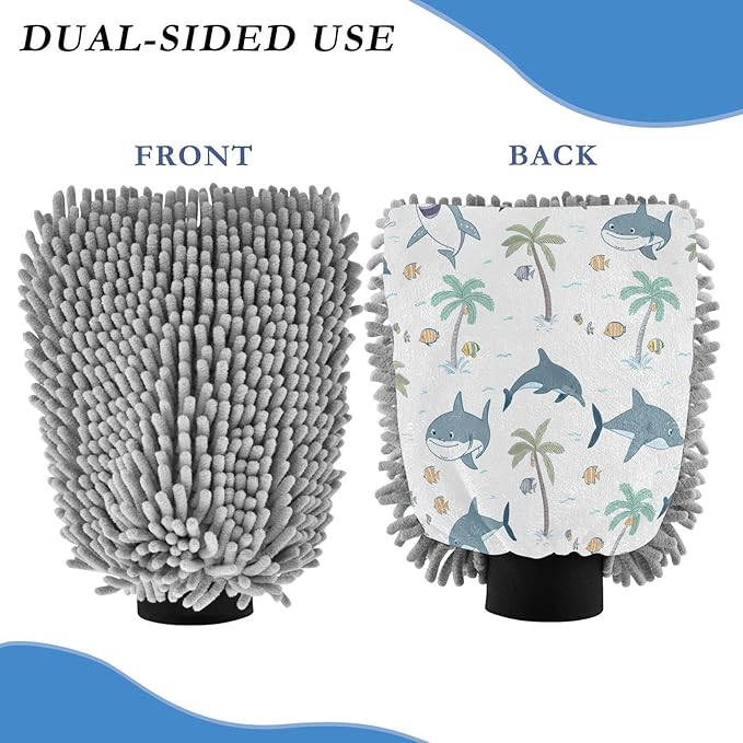 Qilmy Shark Pattern Microfiber Chenille Car Wash Sponge Scratch Free Car Wash Mitt Absorbent Mitt Sponge for Trucks SUVs Car Washing Home Cleaning, Medium