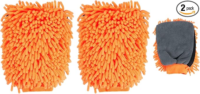 HARFINGTON 2pcs Chenille Microfiber Car Wash Mitts 9.8" x 7.9" Scratch Free Wash Gloves Absorbent Double Sided Plush Cleaning Drying Mitts for Car Washing Home Clean, Orange