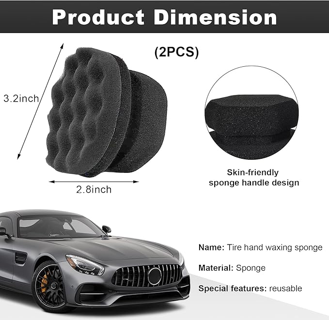 Wevdn 2PCS Tire Shine Applicator, Durable & Reusable Hex Grip Tire Dressing Sponge Foam Detailing Pad, Washable Round Shape Wheel Tire Shine Car Cleaning Sponge, Car Accessories (Black-Small)