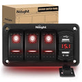 Nilight 3 Gang Rocker Switch Panel Green Backlit with 4.8 Amp Dual USB Charger Voltmeter Waterproof 12V 24V DC Night Glow Stickers for Cars Trucks Boats RVs