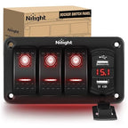 Nilight 3 Gang Rocker Switch Panel Green Backlit with 4.8 Amp Dual USB Charger Voltmeter Waterproof 12V 24V DC Night Glow Stickers for Cars Trucks Boats RVs