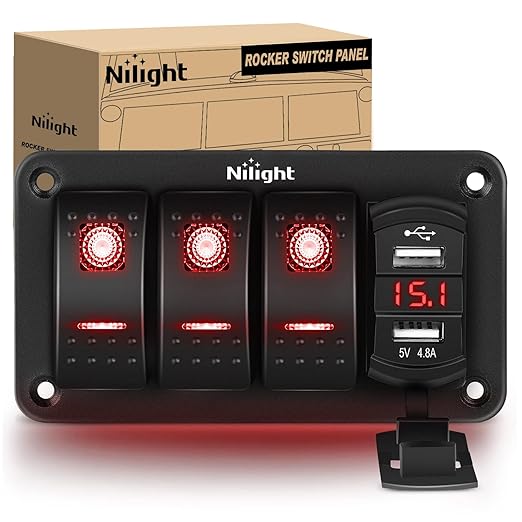 Nilight 3 Gang Rocker Switch Panel Green Backlit with 4.8 Amp Dual USB Charger Voltmeter Waterproof 12V 24V DC Night Glow Stickers for Cars Trucks Boats RVs