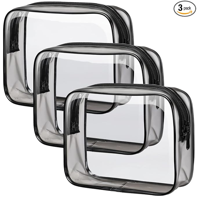 PACKISM Clear Toiletry Bag - TSA Approved Toiletry Bag 3 Pack Same Medium Size, Quart Size Bag Travel Makeup Cosmetic Bag, Carry on Airport Airline Compliant Bag, Black