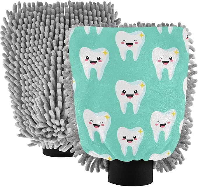 Kigai Cute Cartoon Teeth Car Wash Mitt 2PCS Ultra Absorbent Chenille Microfiber Car Washing Glove Scratch Free Lint Free Wash Sponge Auto Cleaning Glove, 11.8x8.1 inch