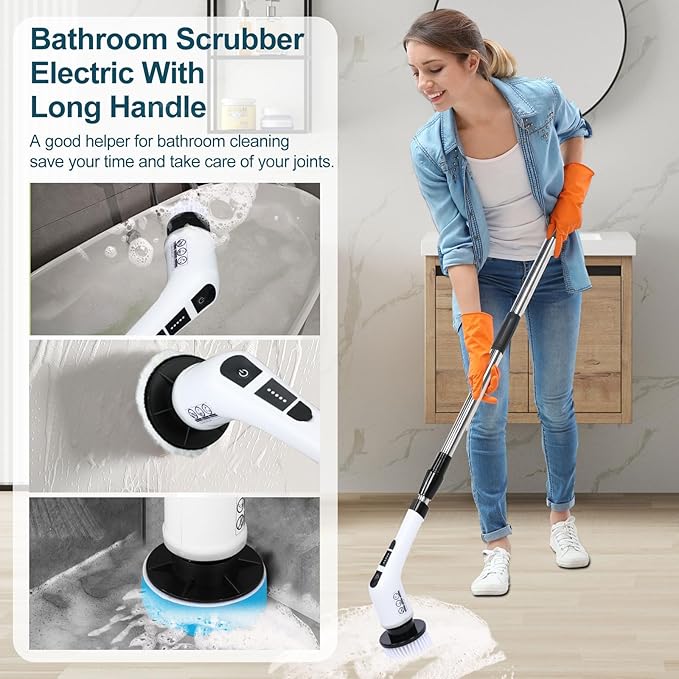 Electric Spin Scrubber with 7 Replaceable Brush Head，Shower Scrubber with Long Handle,7 in 1 Cordless Cleaning Brush，Power Shower Scrubber for Bathroom, Tub, Tile, Floor, Kitchen, Window,Black