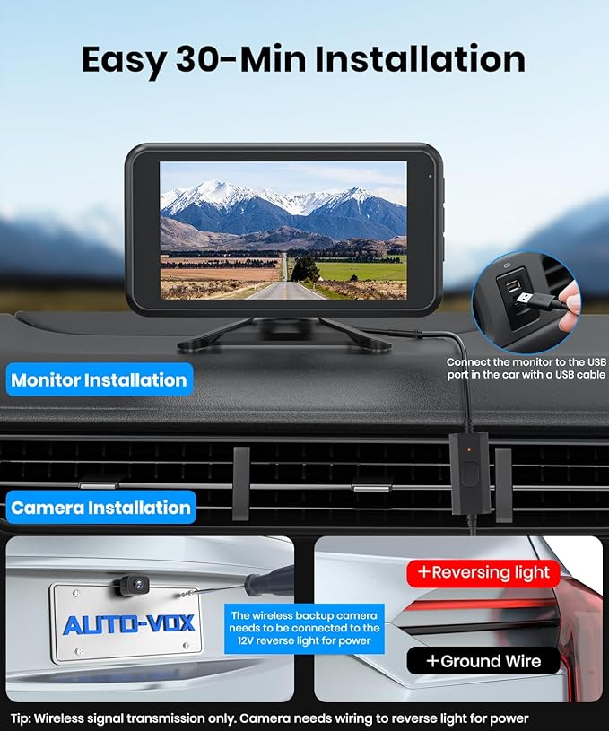 AUTO-VOX W12 Wireless Backup Camera: 5“ 1080P Dual-Channel Monitor Powered by USB Boost Cable, Easy Installation, Stable Transmission Signal, IP69K Waterproof Night Vision, for Car, SUV, Truck, Pickup