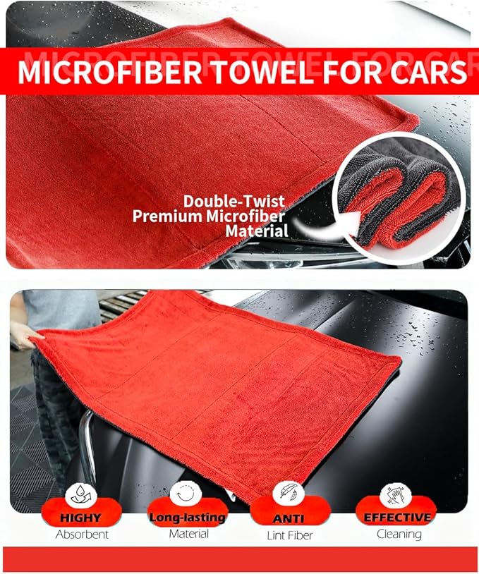 Extra Large Microfiber Twisted Car Drying Towel, Red and Grey, Ultra Absorbent, 24 * 36 Inches, One-Swipe Drying, for Car Exterior