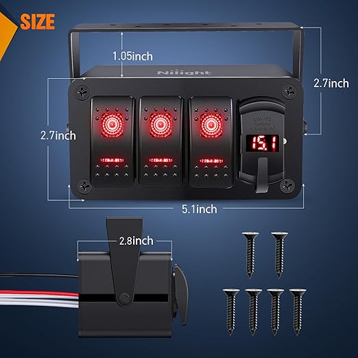 Nilight 3 Gang Rocker Switch Box 12V SPST ON Off Toggle Switches PD Type C and QC 3.0 USB Charger Voltmeter LED Light Waterproof Aluminum Mount Bracket Panel DIY Stickers for Boat Car RV Truck
