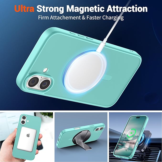 SUPFINE Magnetic for iPhone 16 Case (Compatible with MagSafe) (Military Grade Drop Protection) Slim Translucent Matte Shockproof with Anti-Fingerprint Phone Case, Blue Green