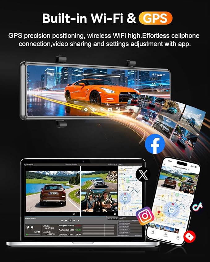 Rear View Mirror Camera,4 Channel Mirror Dash Cam Front and Rear Inside,12" Touch Screen Dash Cam, Backup Camera for Car, 7/24 Parking Monitor,Included Free 128GB SD Card